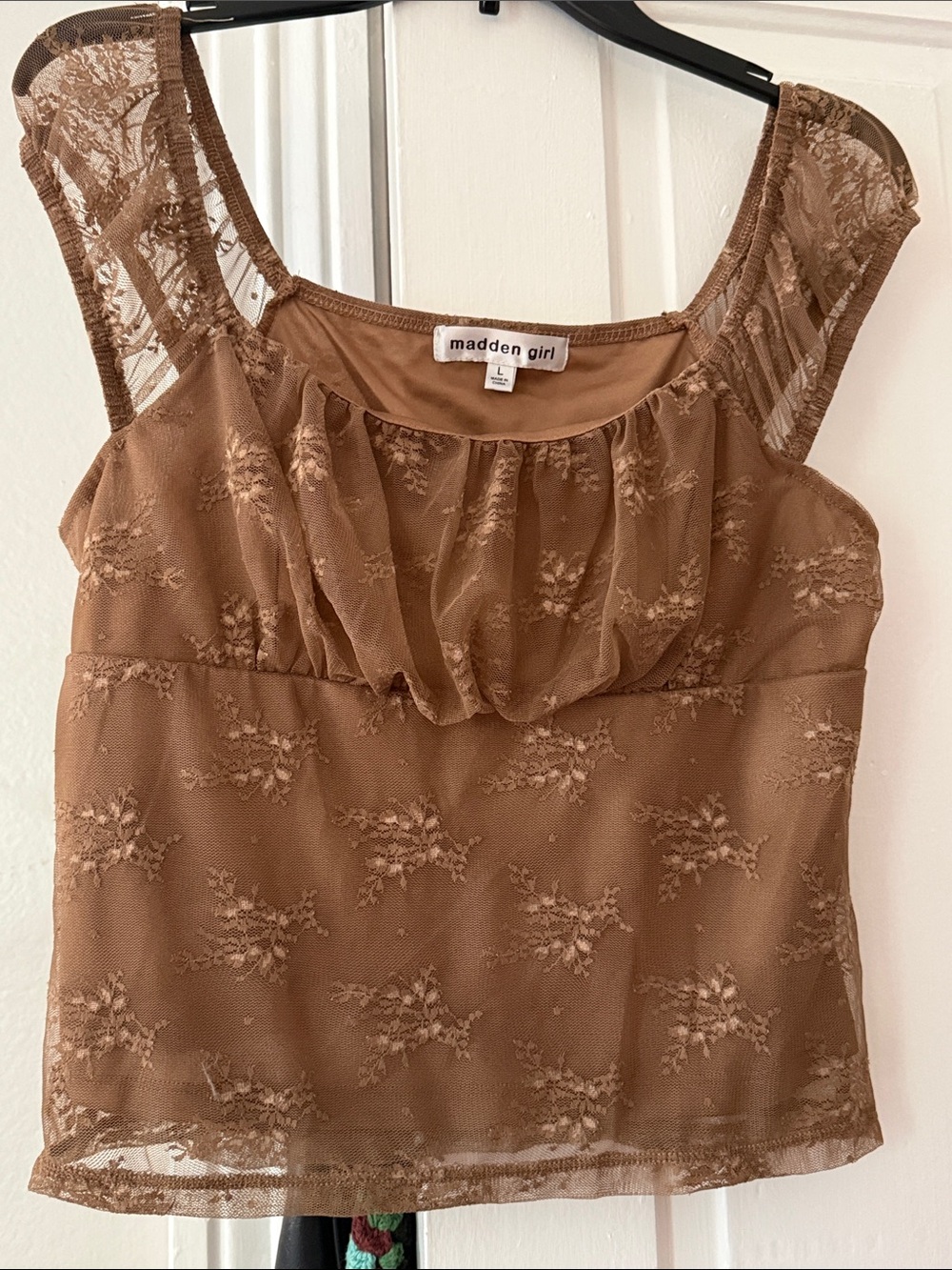 Madden Girl Brown Lace Floral Mesh Cap-Sleeve Camisole